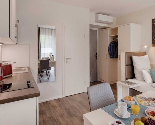 Fürstenfeldbruck Apartment Basic - Wohnraum mit Küchenzeile und Bad